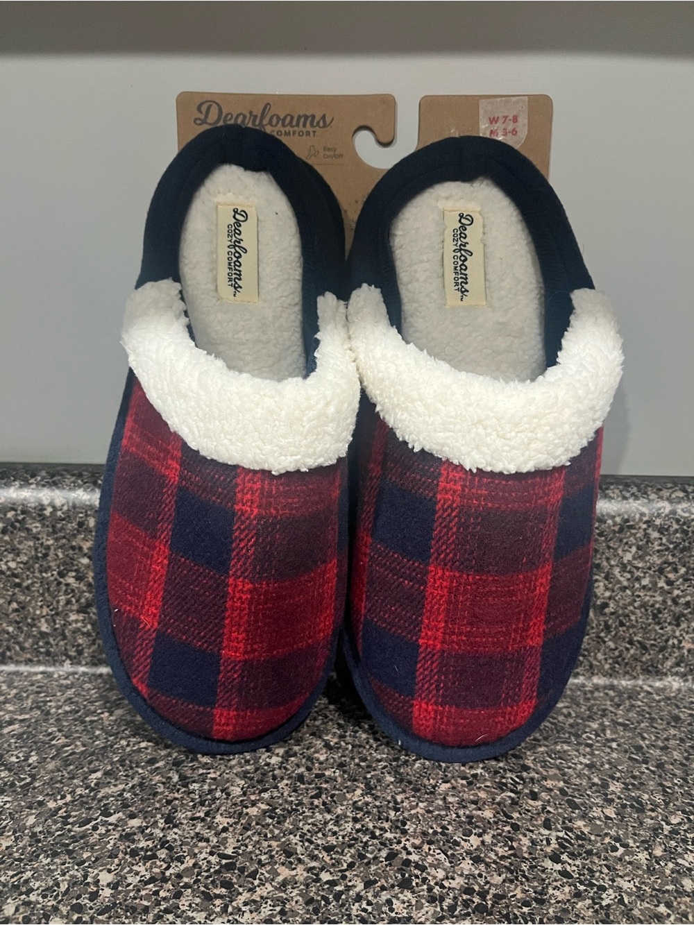 NWT. Dearfoam Navy and Red Plaid Slip-On Sherpa Lined